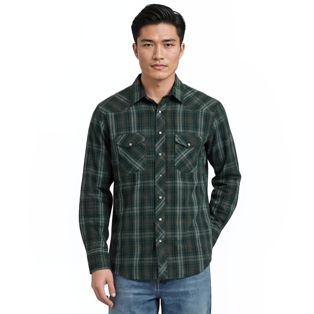 Wrangler Western Shirt Men's Size XL Green Red Plaid Western Pearl Snap Buttons